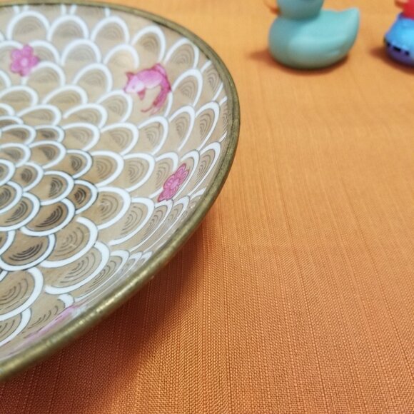 Vintage Japanese Brass Encased Porcelain Koi Bowl with Lotus Design & Koi - Picture 6 of 7